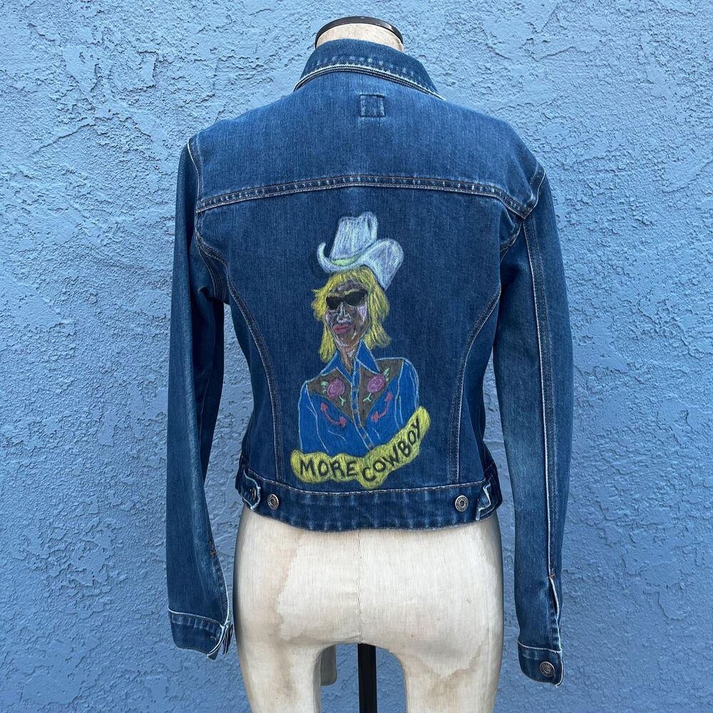 Hand Drawn Cowgirl Denim Jacket Size Small OOAK Art to Wear